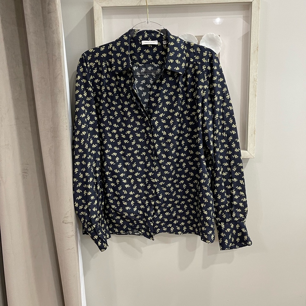 Rebecca Taylor Navy Blue Floral Silk Button Front Blouse